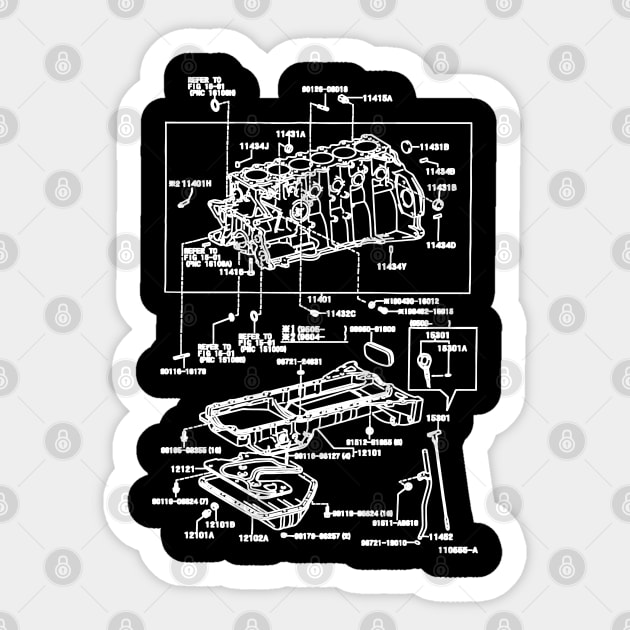 2JZ-GE JDM Supra Engine Exploded Blueprint Sticker by Industree Designs